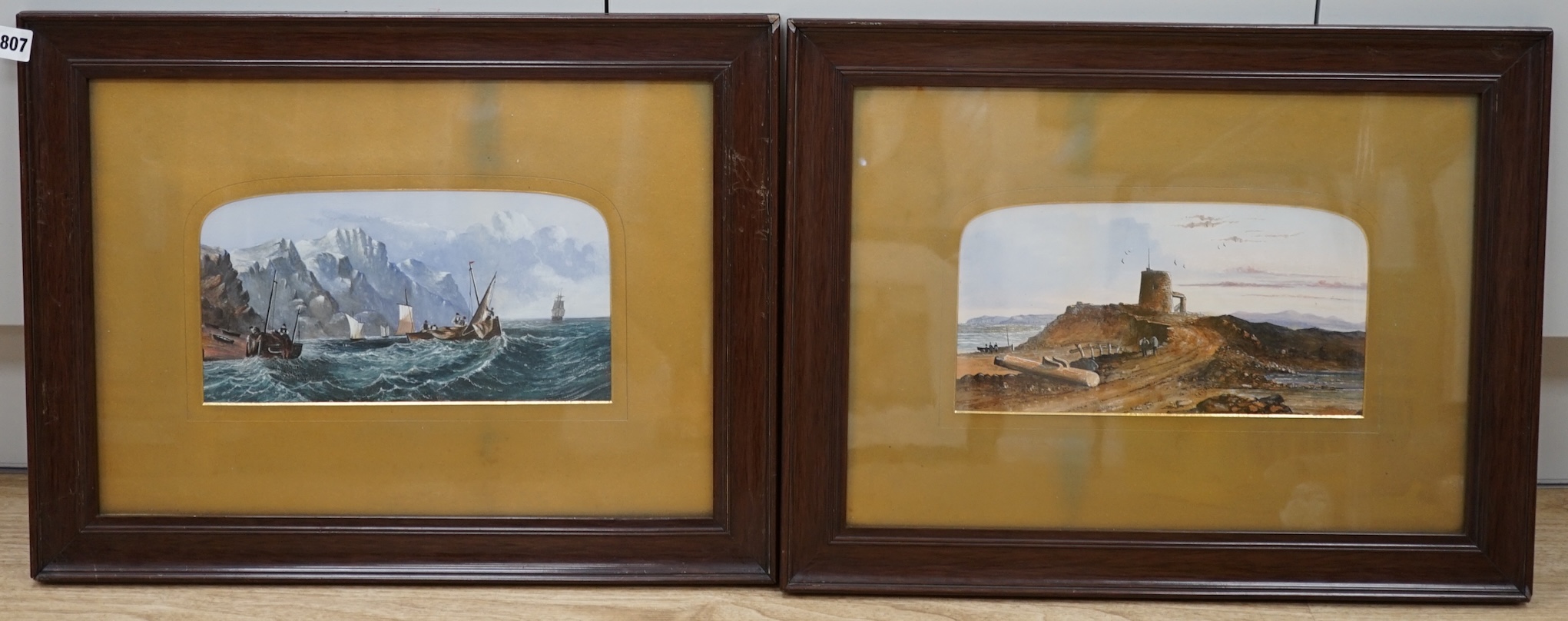 19th century, pair of gouaches, Coastal views including ‘Martello Tower near Hastings’, unsigned, together with British Empire Exhibition, May 1925 letter, unsigned, each 15 x 29cm. Condition - fair